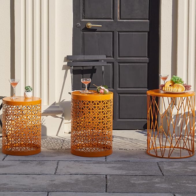 Y&M Outdoor Side Tables Set of 3, Metal Stacking Accent Tables, Round Patio Side End Tables for Outside, Poolside, Garden, Balcony, Indoor & Outdoor, Orange