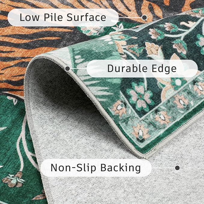 DCX Washable 3x5 Tiger Rug, Green Vintage Animal Rug for Entryway, Soft Low Pile Carpet, Kid & Pet Friendly with Rubber Back Non Slip, Stain Resistant Rug for Bedroom, Laundry, Bathroom