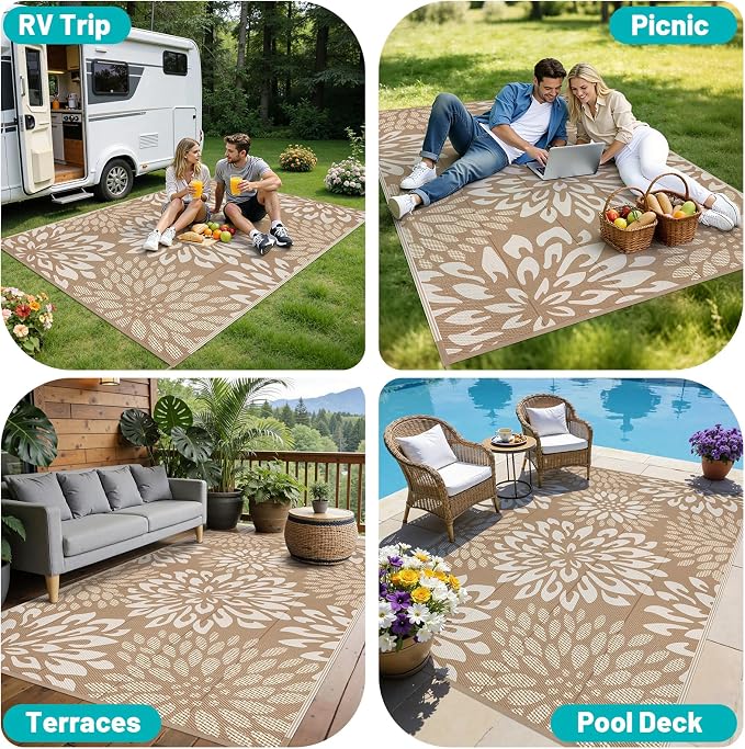 HEBE Waterproof Outdoor Rug 6x9 for Patios, Floral Reversible Plastic Straw Rug Patio Mat, Indoor Outdoor Carpet RV Mat Camping Rug for Deck, Camper, Porch, Balcony, Backyard, Picnic