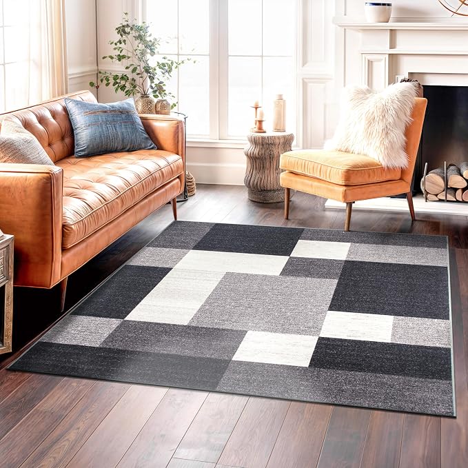 Rugshop Modern Boxes Non-Slip Living Room Square Rug Gray 6'6" x 6'6" | Square, Size 6'6" x 6'6", Bedroom, Dining Room, Home Office, Kitchen, Entryway, Hallway, Nursery, Kids Room, Guest Room