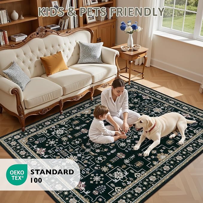 8x10 Area Rugs Living Room: Washable Vintage Rug for Bedroom Black | Boho No Slip Stain Resistant Rug Soft Indoor Decor Floor Floral Area Rugs for Dining Room, Nursery, Hallway, Home Office