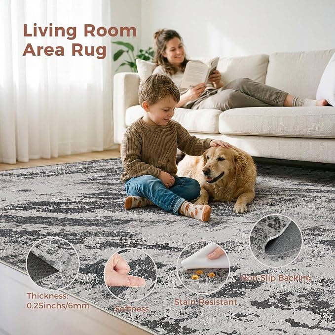 DMOYEST 7x9 Area Rug for Living Room Washable Abstract Indoor Carpet | Neutral Modern Low Pile Rugs Kid & Pet Friendly Large Soft Thin Carpet for Bedroom Dining Room and Office - Light Black