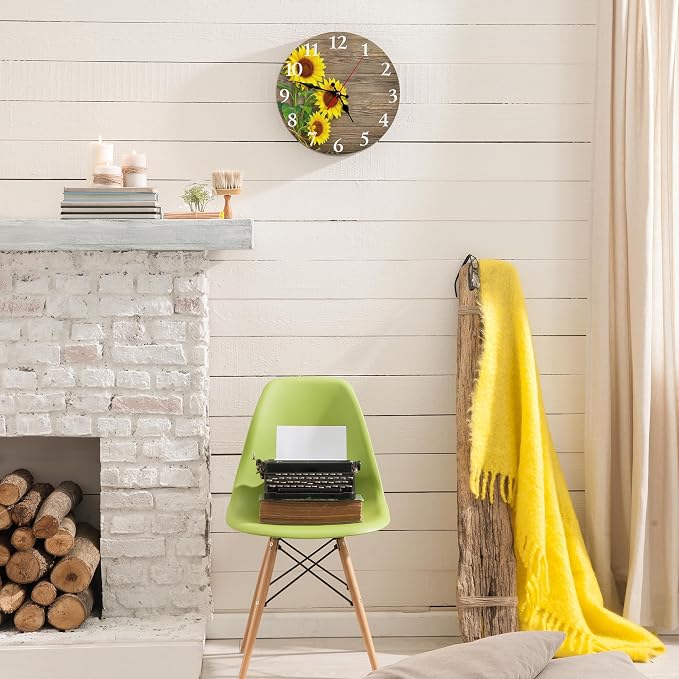 Britimes Round Wall Clock, Silent Non-Ticking Battery Operated Clock 12 Inch, Decor for Bathroom, Bedroom, Kitchen, Office or School Sunflowers Wooden