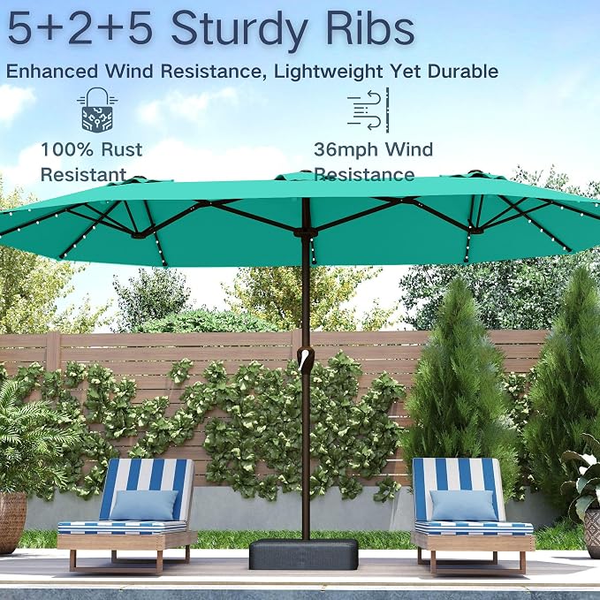 Kingdura 15ft Large Patio Umbrella with Solar Lights, Double-Sided Rectangle Outdoor Table Umbrella with Base Included, 12 Reinforced Ribs, 48 Led Lights, Crank Lift for Market Pool Deck, Tiffany blue