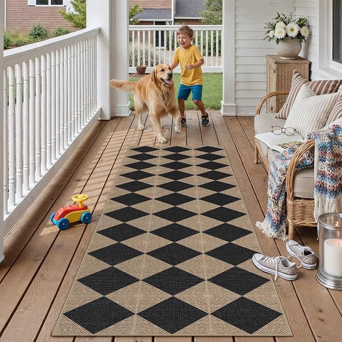 PureCozy 2x8 Checkered Easy Jute Runner Rug Non Slip Hallway Kitchen Washable Outdoor Rug for Entryway Indoor Checkerboard Black Long Indoor Outdoor Textured Diamond Carpet for Bedside Entry Porch