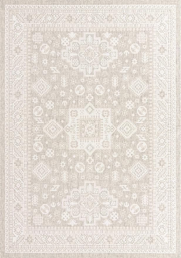 Unique Loom Outdoor Aztec Collection Area Rug - Chalca (7' 10" x 11' Rectangle, Light Gray/ Ivory)