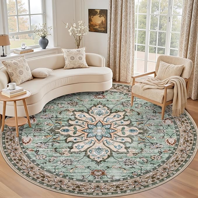Round Area Rug for Living Room: 6ft Boho Washable Rug Brown Green | Vintage Boho Soft Round Rug Indoor Floor No Slip Carpet Stain Resistant Rugs for Bedroom Dining Room Nursery Home Office