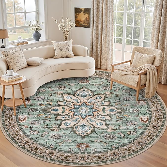 Round Area Rug for Living Room: 4ft Boho Washable Rug Brown Green | Vintage Boho Soft Round Rug Indoor Floor No Slip Carpet Stain Resistant Rugs for Bedroom Dining Room Nursery Home Office