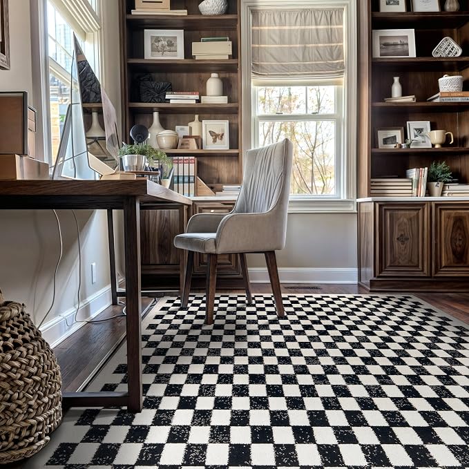 Rugshop Contemporary Checkered Grid Contrast Area Rug Soft Black 4' x 6' | Rectangular, Size 4' x 6', Living Room, Bedroom, Dining Room, Home Office, Kitchen, Entryway, Hallway, Nursery, Kids Room