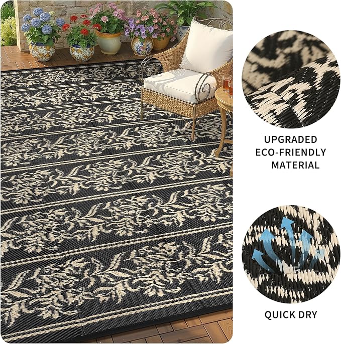 Garvee Outdoor Rugs 5x8 Waterproof Reversible Mat Boho Leaf Patio Rug with 4 Stakes and Starage Bag, Large Outdoor RV Mat Rugs for Camping, Picnic, Balcony, Deck, Backyard, Black & Brown
