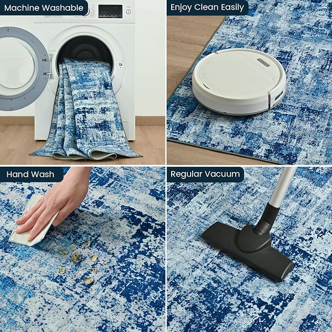 Toneed Washable 5x7 Area Rug with Non-Slip Backing for Living Room | Abstract Modern Rugs, Soft Low Pile Carpet for Bedroom Kitchen Dining Room Nursery Indoor Floor Office Home Decor, Denim Blue
