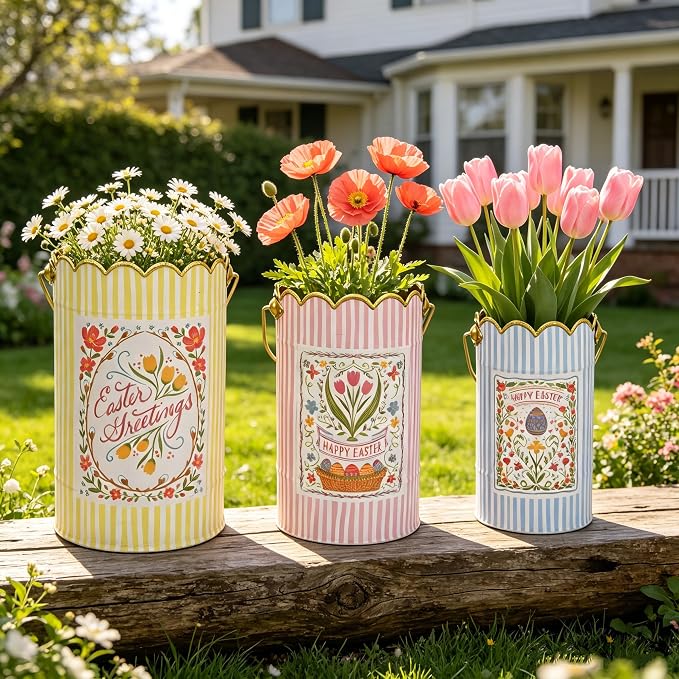 Set of 3 Vintage Spring Metal Planter with Handle, Decorative Floral Bucket Cute Striped Design Flower Pots for Garden & Home Decor