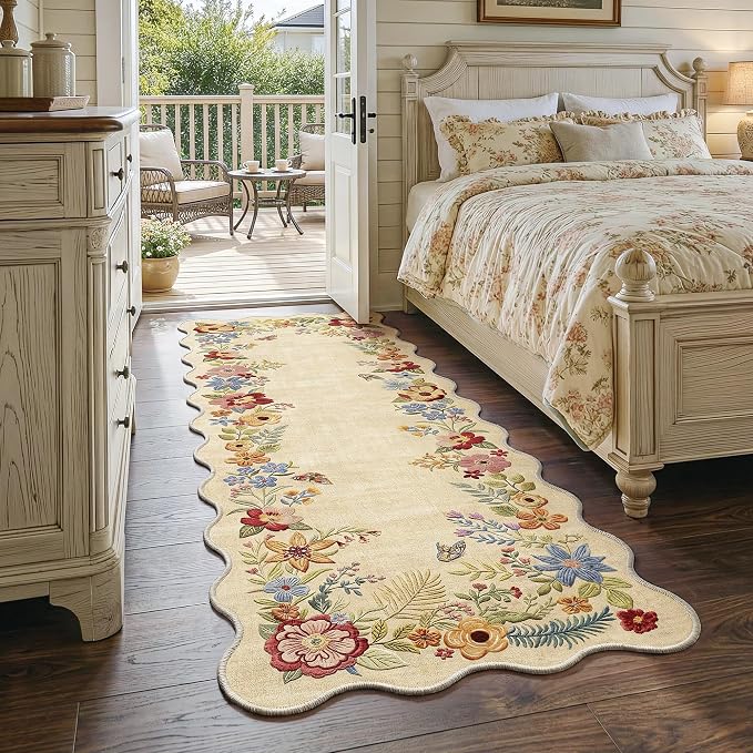 FMFUNCTEX 2x6 Hallway Runner Rug Washable Beige Floral Vintage Scalloped | Flower Colorful Traditional Boho Non Slip Low Pile Pattern Indoor Carpet Entryway Rugs Kitchen Bedroom Laundry Entry Bedside