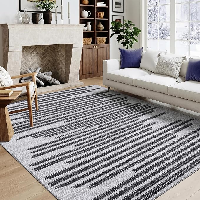 GarveeHome 5x7 Non Slip Striped Area Rug for Living Room Bedroom Classroom | Modern Minimalist Washable Low Pile Indoor Carpet Stain Resustant Rugs for Guest Room Home Office, Black Grey