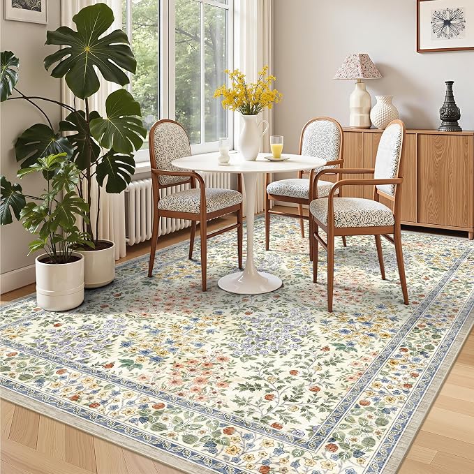 6x9 Area Rugs, Washable Floral Area Rugs for Living Room, Indoor Area Rug for Bedroom, Dining Room, Low Pile Non-Slip Non Shedding Rug(Beige Floral)