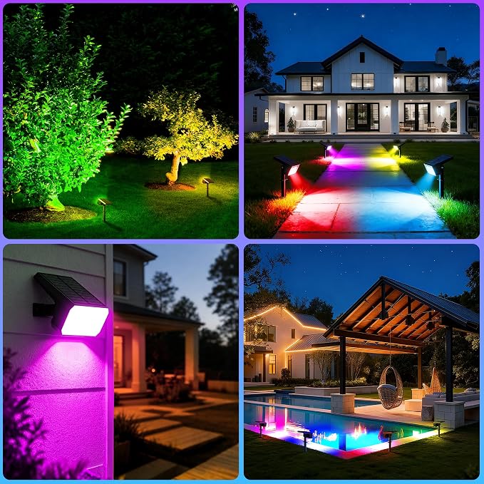 Solar Spot Lights Outdoor Color Changing, [4 pack/28 LED] 7 Modes Auto On/Off Solar Landscape Spotlights, Ip67 Waterproof Solor Powered Pathway Lights for Outside Yard Garden Walkway Tree Patio