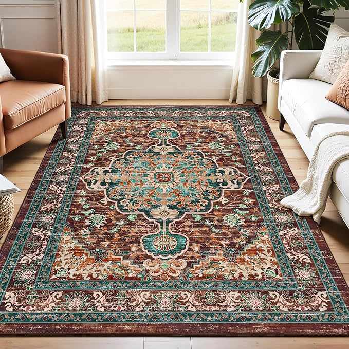 U'Artlines Boho Vintage Area Rug 5x7 Machine Washable Carpet, Rust＆Teal | Low Pile, Non Slip, Ultra-Thin Soft Floor Carpet, Accent Rug for Living Room Bedroom Entryway Dining Room Office