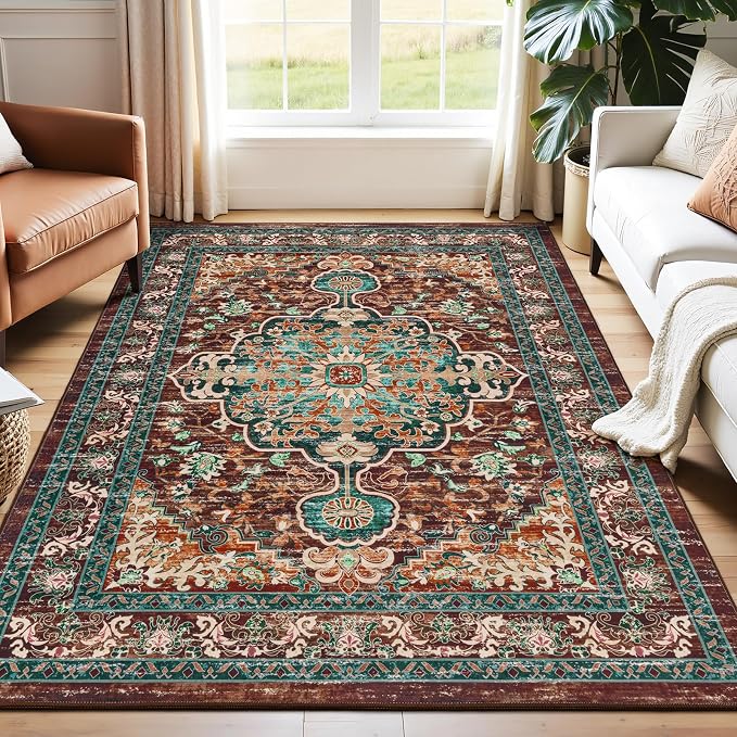U'Artlines Boho Vintage Area Rug 4x6 Machine Washable Carpet, Rust＆Teal | Low Pile, Non Slip, Ultra-Thin Soft Floor Carpet, Accent Rug for Living Room Bedroom Entryway Dining Room Office