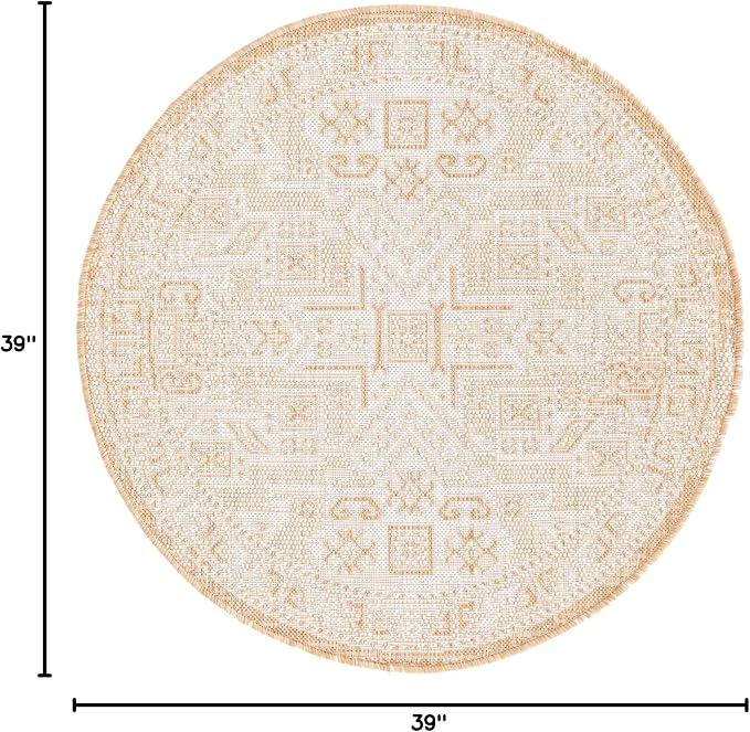 Unique Loom Outdoor Aztec Collection Area Rug - Coba (3' 3" Round, Natural/ Ivory)