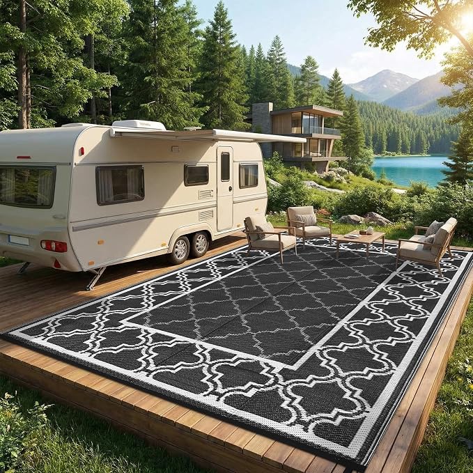 Garvee Reversible Outdoor Rug 9x12, Waterproof Outdoor Plastic Straw Rug with Interlacing Pattern, RV Mat for Picnics, Patio, Camping, Balcony, Deck, Backyard, Porch, Black