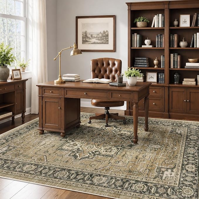 5x7 Area Rug for Living Room Soft Washable Vintage Boho Area Rug | Non-Slip, Retro Print, Low Pile, Stain Resistant, Soft Washable Green Carpet, for Bedroom, Dining Room, Nursery, Home Office