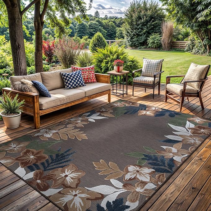 Outdoor Rug 9x12 Washable Area Rugs Indoor Outdoor Carpets Brown Border Floral Non Shedding Waterproof Easy Clean Patio Deck Porch Living Room Bedroom Garden RV (9 X 12 Brown)