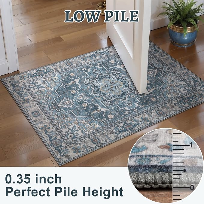 Tangsoo Farmhouse 3x5 Rugs, Washable Non Slip Accent Rugs for Entryway Blue | Farmhouse Indoor Carpet,Boho Soft Low Pile Oriental 3x5 Area Rug for Living Room Dorm Bedroom Bedside Bathroom Entrance Decor