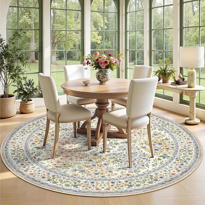 6FT Round Area Rugs, Machine Washable Low Pile Floral Rugs for Living Room, Bedroom, Large Boho Area Rug with Non-Slip Backing for Dining Room(Beige Floral)