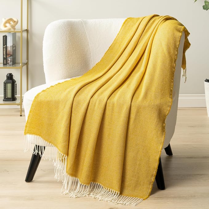 PAVILIA Yellow Herringbone Throw Blanket for Couch Bed, Decorative Outdoor Throw Blanket, Faux Cashmere Blanket Throw, Lightweight Accent Sofa Blanket Throw, 50x60