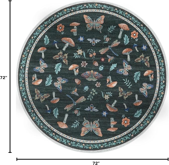 Mushroom Insect 6ft Round Rug Washable Non-Slip Soft Ultra-Thin Boho Circle Carpet for Living Room Bedroom Kitchen Nursery Dining Room Black