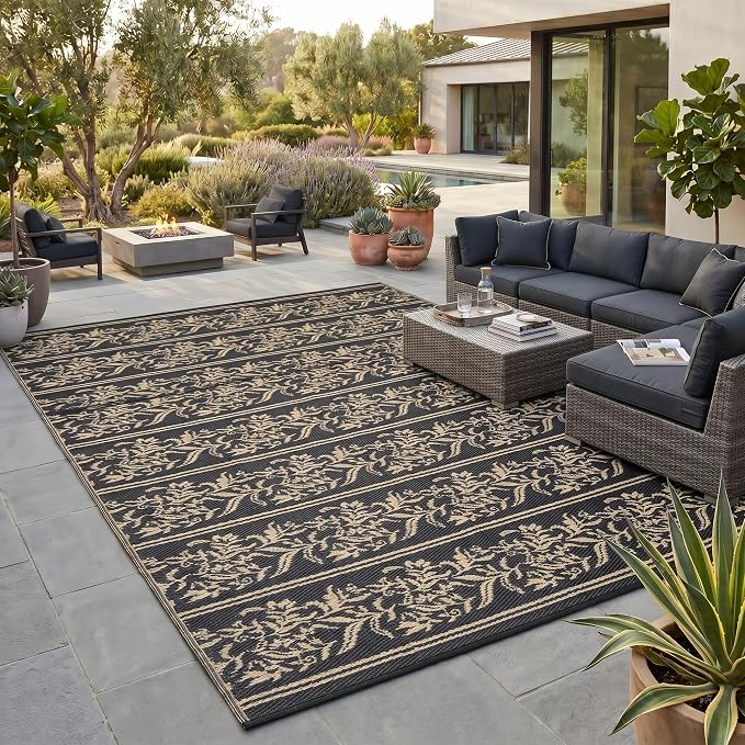 Garvee Outdoor Rugs 9x12 Waterproof Reversible Mat Boho Leaf Patio Rug with 4 Stakes and Starage Bag, Large Outdoor RV Mat Rugs for Camping, Picnic, Balcony, Deck, Backyard, Black & Brown