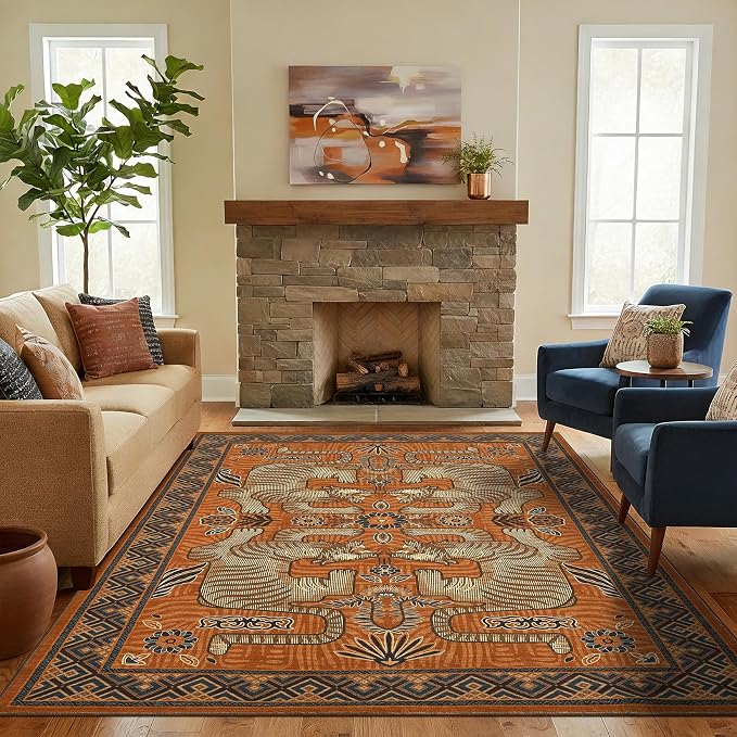GarveeHome 4x6 Tiger Washable Rug Entryway Boho Bedroom Non Slip Vintage | Terracotta Area Rug Low Pile Tribal Carpet Stain Resistant Throw Rug for Kitchen Dorm Kidss Room Office Dining Room
