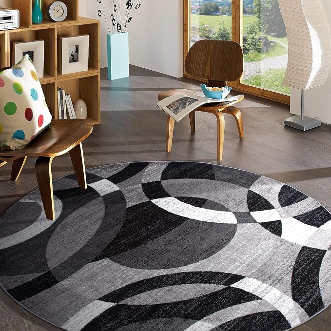 Rugshop Abstract Circles Contemporary High Traffic Round Rug Gray 6'6" | Round, Living Room, Bedroom, Dining Room, Home Office, Kitchen, Entryway, Hallway, Nursery, Kids Room, Guest Room