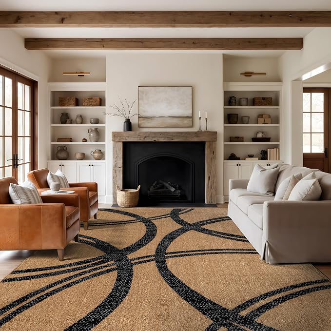 Rugshop Wavy Circles Modern Non-Shedding Area Rug Jute 7'10" x 10'2" | Rectangular, Size 7'10" x 10'2", Living Room, Bedroom, Dining Room, Home Office, Kitchen, Entryway, Hallway, Nursery, Bedside