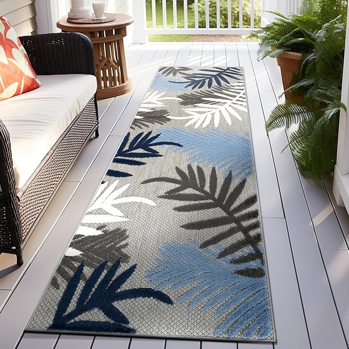 Rugshop Blue Palm Frond Indoor/Outdoor Runner Rug Easy Cleaning for Hallway, Kitchen and Entryway, 2'7" x 6'