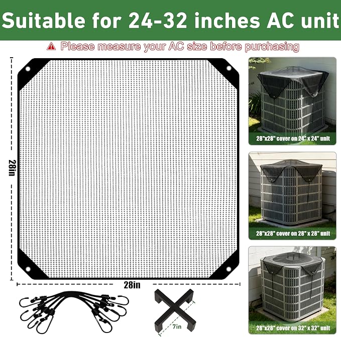 Air Conditioner Covers for Outside, Mesh AC Covers for Outdoor Units, Universal Air Conditioning Cover，One 28in AC Cover and One Support