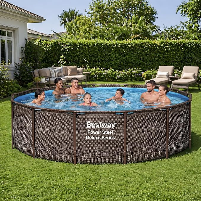 Bestway Power Steel 14’ x 42” Above Ground Swimming Pool Set with Pump | Durable Round Metal Frame Outdoor Backyard Pool - Ladder, Cover, and Type III Filter Cartridge Included, Brown Wicker Print