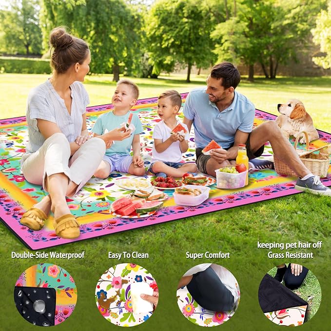 Picnic Blankets Beach Blanket 80" X 80" Extra Large Waterproof Camping Blankets Portable Outdoor Mat 3-Layer Blanket for Beach, Hiking, Park, Music Festival, Grass Lawn,Travel
