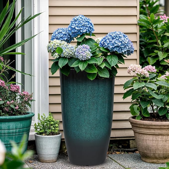Autodaya 23.8" Tall Outdoor Planters Set of 2, Ceramic-Look Large Plastic Flower Pots with Drainage Holes, Gradient Turquoise Indoor Outdoor Plant Pots for Porch Patio Balcony Garden Home Decor
