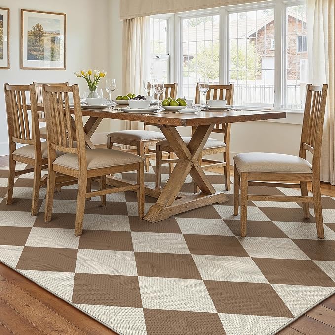 PureCozy 9x12 Checkered Chevron Pattern Area Rug for Living Room Large Checkerboard Washable Indoor Outdoor Carpet Farmhouse Patio Office Mat Geometric Non Slip Brown Carpet for Backyard Dining Room