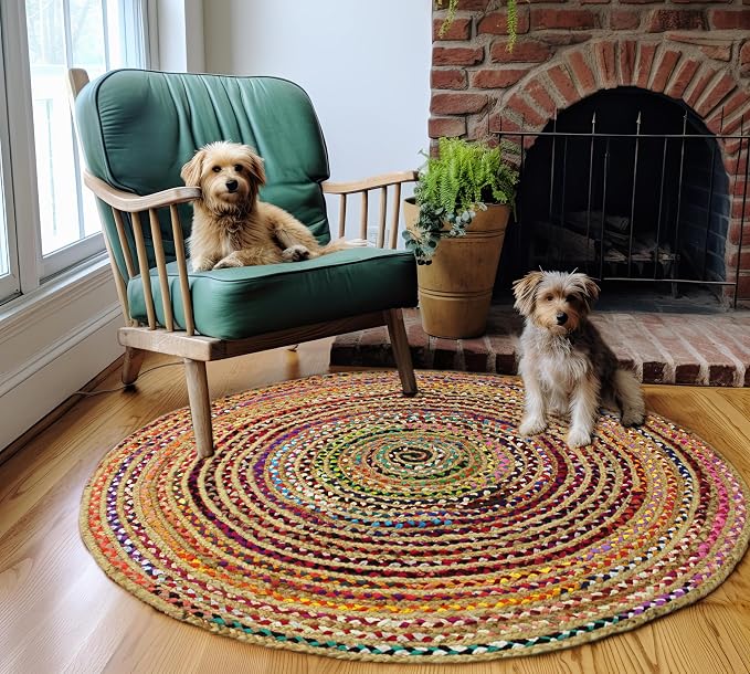Cotton Craft Jute & Cotton Multi Chindi Braid Rug, Hand Woven Reversible, 4-Feet, Colors may Vary | Handwoven Reversible Jute & Natural Recycled Cotton Boho Farmhouse Rustic Area Accent Throw Rug - Living Room Home Décor
