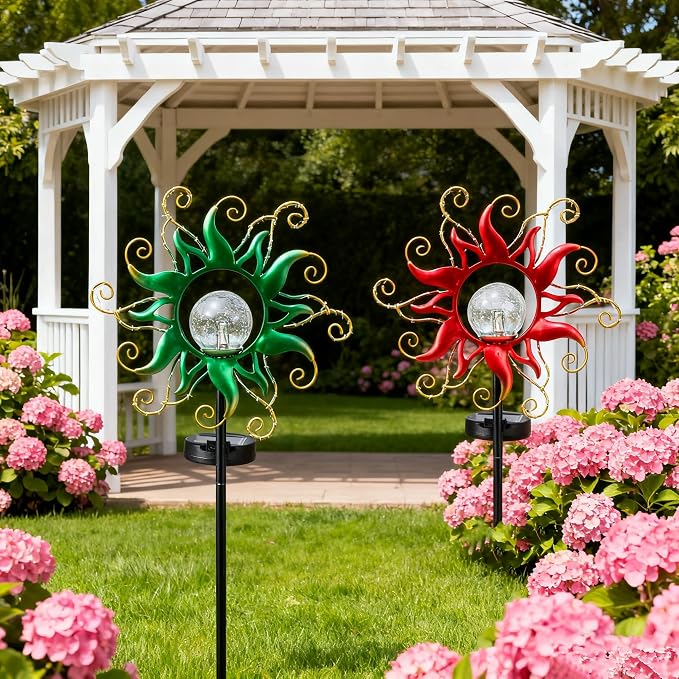 Solar Garden Lights Outdoor, Green Metal Sun Stake with 30 LED Waterproof Vine String Crackle Glass Spring Decor for Patio,Yardr,Lawn Gardening Birthday Gifts