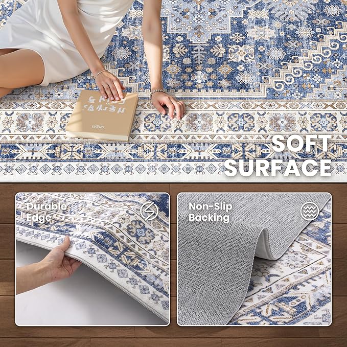 8x10 Area Rugs for Living Room,Large Washable Rug,Blue | Rugs for Bedroom,Dining Room,Office,Low Pile,Soft, Vintage Rug,Stain Resistant Indoor Carpet,Non Slip,Home Decor