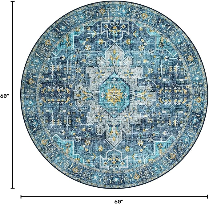 Moynesa Ultra-Thin Washable 5ft Round Rug - Teal 5x5 Circle Rugs for Living Room, Vintage Dining Room Mat Stain Resistant Nursery Carpet for Bedroom Mudroom Kitchen Apartment Home Office