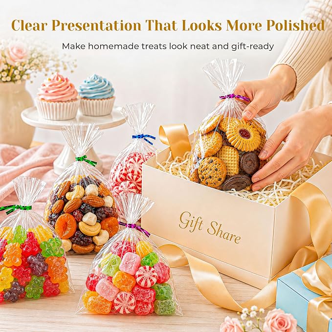 LOKQING Cellophane Bags Plastic Treat Bag Clear Cookie Candy Bags with Twist Ties for Party Favors Bag, Graduation Gift Bags(200 Pack, 5x7inch)