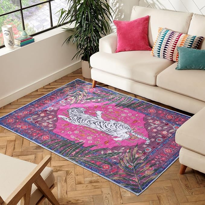 3x5 FT Leopard Rug for Living Room Hot Pink Leopard Vintage Animal Rug Aesthetic Pink Rugs for Girls Room Nursery Bedroom Home Office Dorm Thin Bright Magenta Carpet (Hot Pink, 3X5 FT)