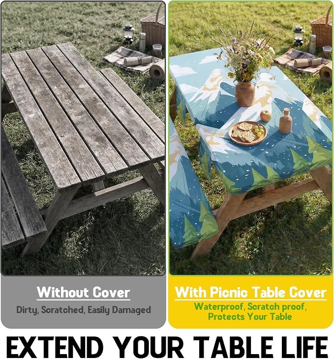 Picnic Table Cover with Bench Covers Waterproof Vinyl Elastic Rectangle Fitted Table Cloth Camping Lovers Essentials Rv Car Travel Overlanding Outdoor Roadtrip Road Trip Men Women Camper Gifts 6 Foot