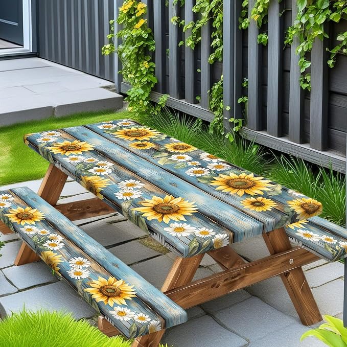 Wooden Floral Picnic Table Cover with Bench Covers Camping Essentials Waterproof Windproof Camping Outdoor Tablecloth with Drawstring Bag, Fitted Rectangle Tables and Seats, 30X96 inch