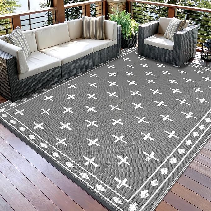 Outdoor Patio Rug 9x18 Waterproof Outside Area Rugs Modern Reversible Plastic Straw Carpet for RV Deck Camping Entryance Porch Picnic Balcony Beach，Grey/White