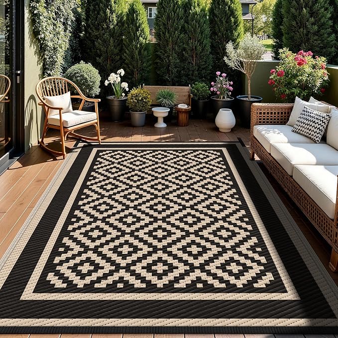 Kohree RV Outdoor Rug 9x12 Reversible, Waterproof Patio Mat with 4 Stakes & UV Fade Resistant, Non-Slip Outdoor Camping Mat for Deck, Picnic, Backyard, Includes Carry Bag (Black & Brown)